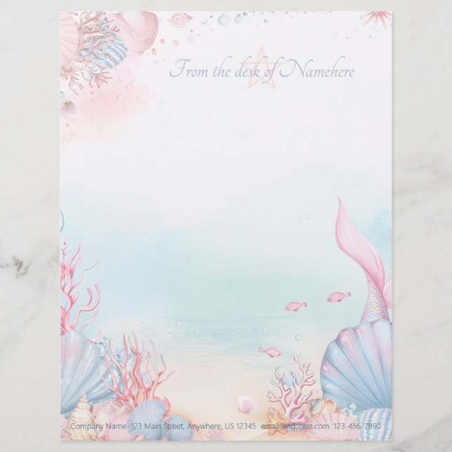 Create Your Own Pink Mermaid Tail Sea Shells Letterhead (Front)