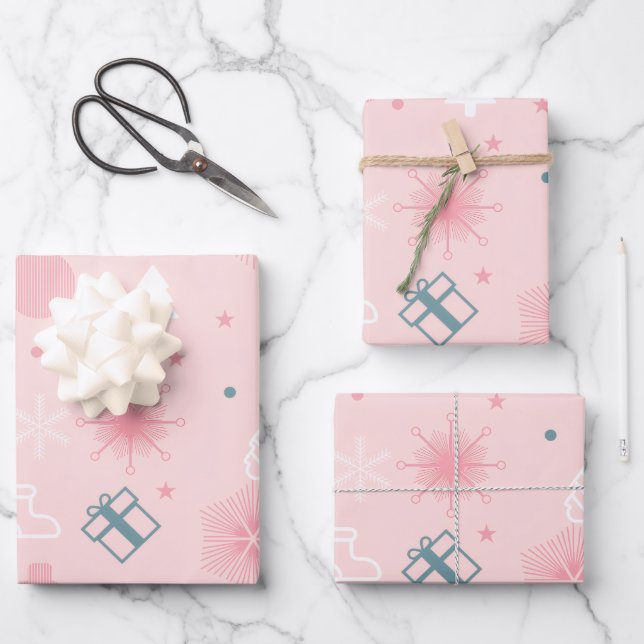 Create Your Own Pink Pastel Christmas Pattern Wrapping Paper Sheet (Front)