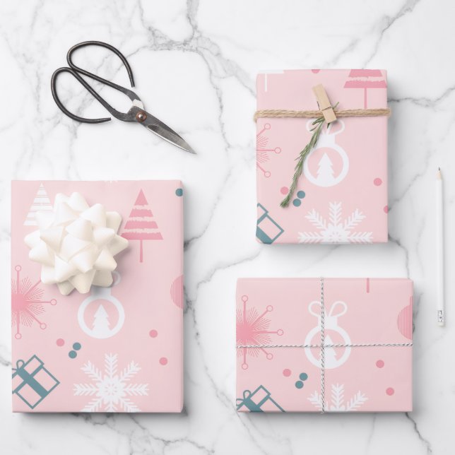 Create Your Own Pink Pastel Xmas Pattern Wrapping Paper Sheet (Front)
