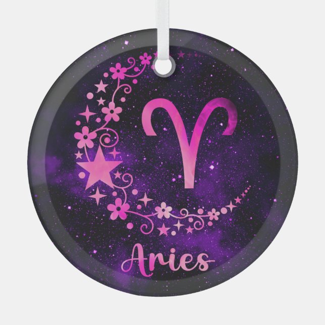 Create Your Own Purple Celestial Aries Zodiac Glass Ornament (Front)