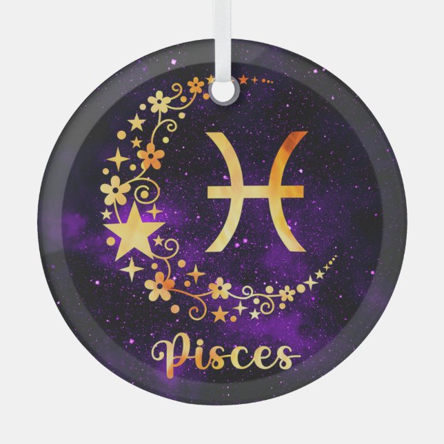 Create Your Own Purple Celestial Pisces Zodiac Glass Ornament (Front)
