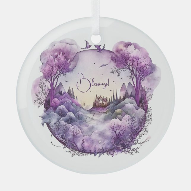 Create Your Own Purple Fantasy Landscape Glass Ornament (Front)