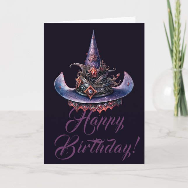 Create Your Own Purple Orange Celestial Witch Hat Holiday Card (Front)