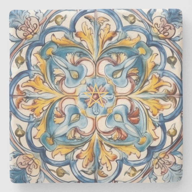 Create Your Own Red Yellow Blue Faux Talavera Stone Coaster (Front)