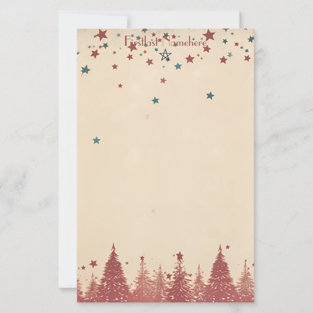 Create Your Own Retro Celestial Red Yule Trees Stationery (Front)