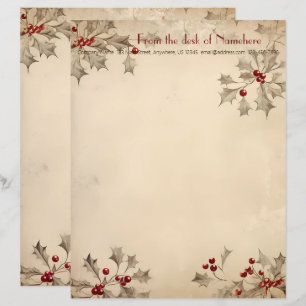Create Your Own Retro Red Grey Holly Berries Letterhead