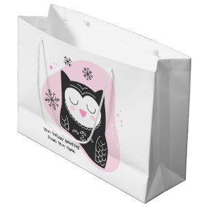Create Your Own Retro Snow Owl Pink Christmas Large Gift Bag