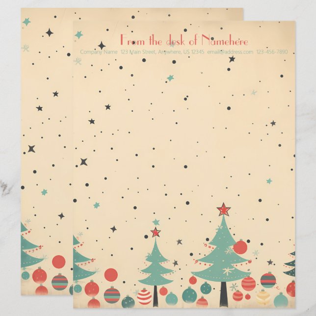 Create Your Own Retro Teal Red Ornaments Trees Letterhead (Front/Back)