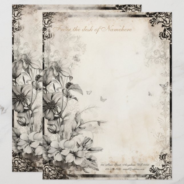 Create Your Own Romantic Gothic Grey Floral Letterhead (Front/Back)
