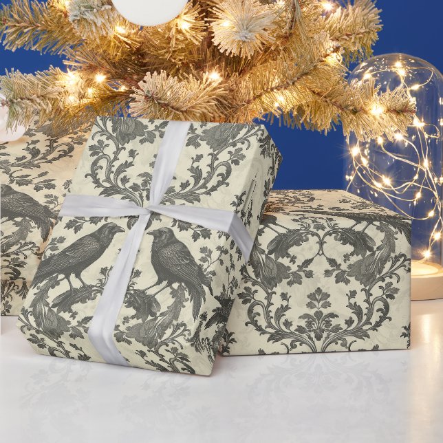 Create Your Own Romantic Gothic Raven Damask Wrapping Paper (Holidays)
