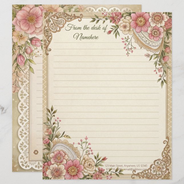 Create Your Own Romantic Lacey Flowers Note Paper (Front/Back)
