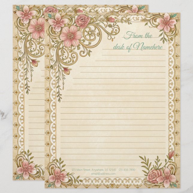 Create Your Own Romantic Pink Lacey Floral Notes Letterhead (Front/Back)
