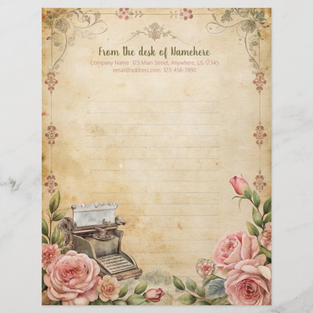 Create Your Own Romantic Roses Typewriter Note Letterhead (Front)