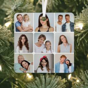 Create Your Own Round Corners 9 Photo Collage Metal Ornament