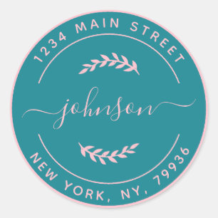 Create Your Own Round Return Address Pink Teal Classic Round Sticker