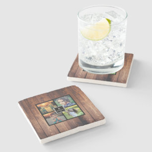 Create your own rustic family photo collage stone coaster
