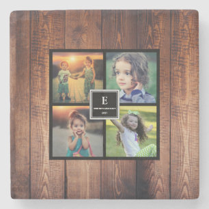 Create your own rustic family photo collage stone coaster