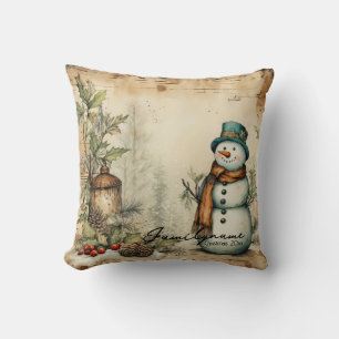 Create Your Own Rustic Winter Snowman & Pine Cones Throw Pillow