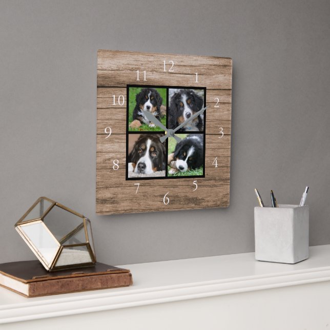 Create your own rustic wood family photo collage square wall clock (Office)