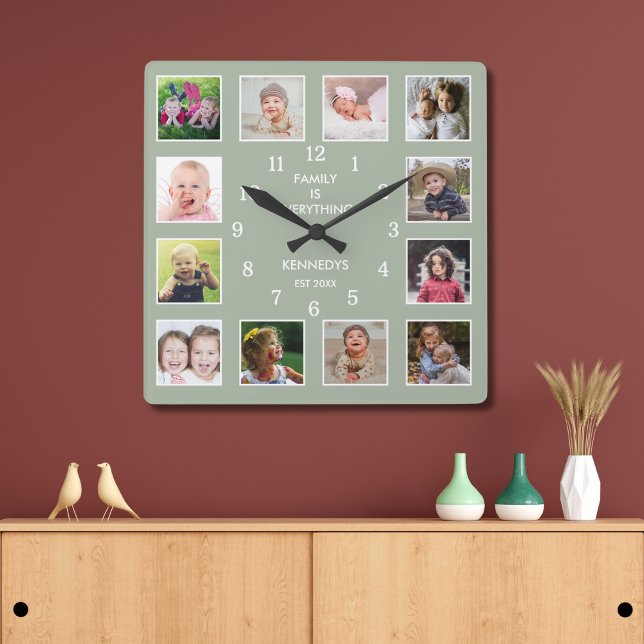 Create Your Own Sage Green 12 Photo Collage Quote  Square Wall Clock (Creator Uploaded)