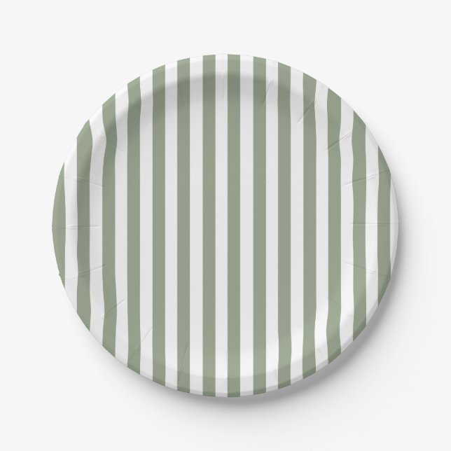 Create Your Own Sage Green White Striped Pattern Paper Plate (Front)