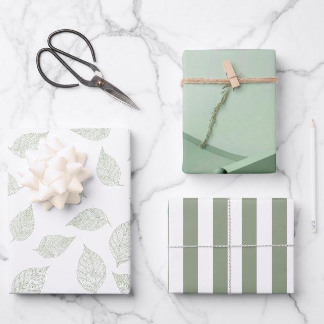 Create Your Own Sage Green White Striped Pattern  Wrapping Paper Sheet (Front)