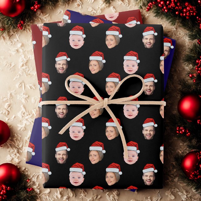Create Your Own Santa Hat Face 3 Photo Christmas Wrapping Paper Sheet (Creator Uploaded)