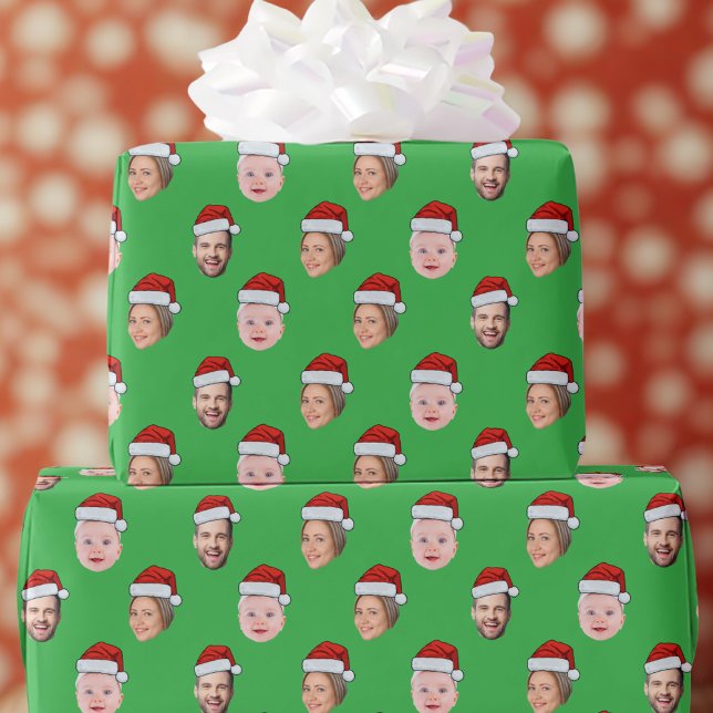 Create Your Own Santa Hat Face 3 Photo Green Wrapping Paper (Creator Uploaded)