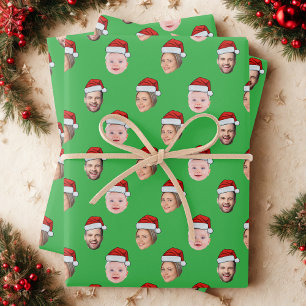 Create Your Own Santa Hat Face 3 Photo Green Wrapping Paper Sheet