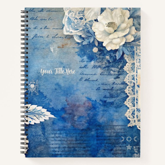 Create Your Own Shabby Chic White Rose Blue Floral Notebook (Front)