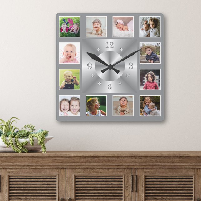 Create Your Own Silver 12 Family Photo Collage Square Wall Clock (Creator Uploaded)