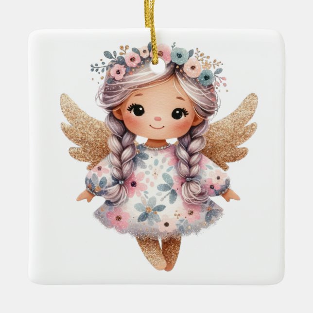 Create Your Own Silvery Floral Christmas Angel Ceramic Ornament (Front)