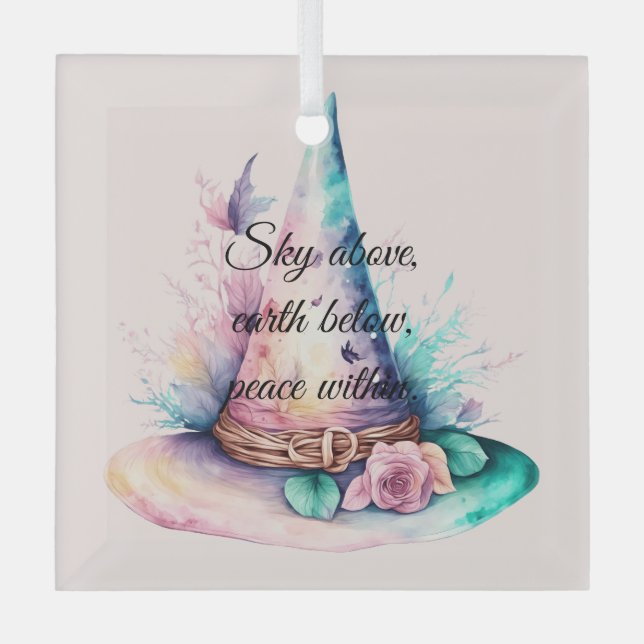 Create Your Own Spring Rainbow Floral Witch Hat Glass Ornament (Front)