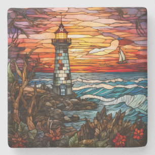 Create Your Own Stained Glass Lighthouse Sunset Stone Coaster
