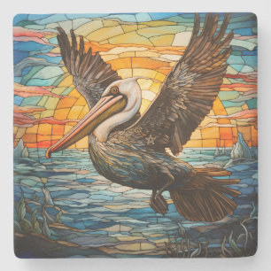 Create Your Own Stained Glass Pelican Sunset Stone Coaster