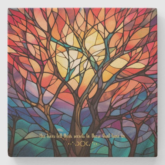Create Your Own Stained Glass Sunrise Forest Trees Stone Coaster (Front)