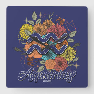 Create Your Own Starry Floral Aquarius Zodiac Square Wall Clock
