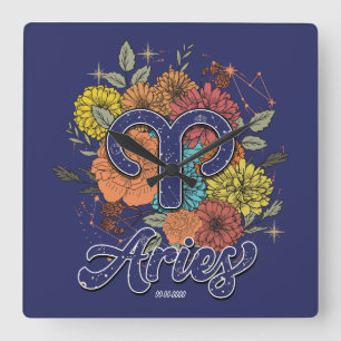 Create Your Own Starry Floral Aries Zodiac Square Wall Clock