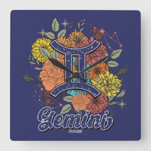 Create Your Own Starry Floral Gemini Zodiac Square Wall Clock