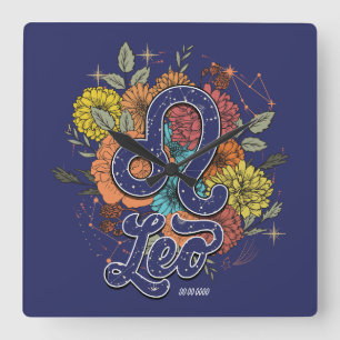 Create Your Own Starry Floral Leo Zodiac Square Wall Clock