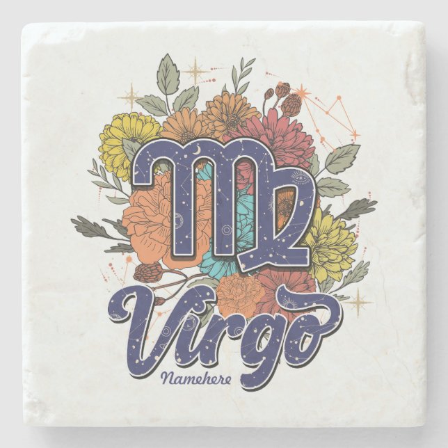 Create Your Own Starry Floral Virgo Stone Coaster (Front)