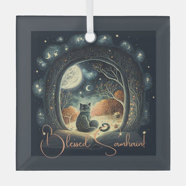 Create Your Own Starry Mystical Black Cat Glass Ornament (Front)