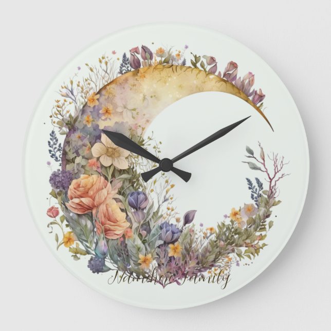 Create Your Own Summer Garden Floral Crescent Moon Large Clock (Front)