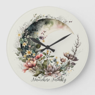 Create Your Own Tea Roses Floral Crescent Moon Large Clock