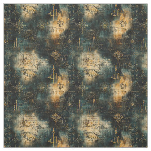 Create Your Own Teal Gold Arcane Text Black Fabric