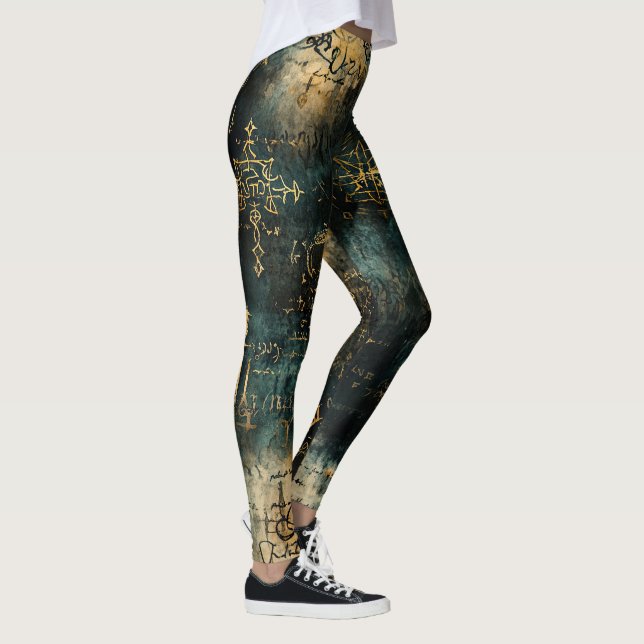 Create Your Own Teal Gold Arcane Text Black Leggings (Right)