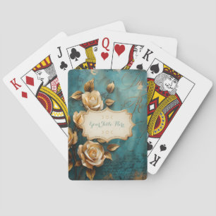 Create Your Own Teal & Gold Roses Spray Floral Playing Cards