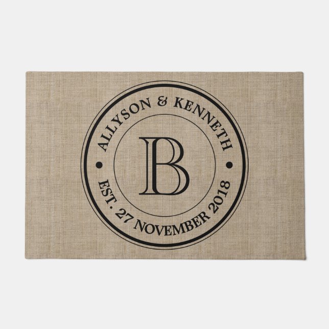 Create Your Own Trendy Burlap Retro Logo Monogram Doormat (Front)