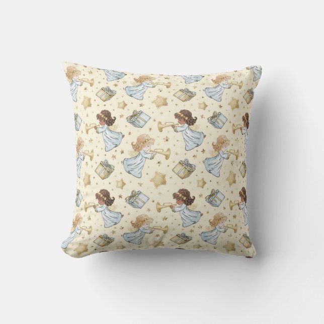 Create Your Own Trumpeting Angels & Presents Throw Pillow (Front)