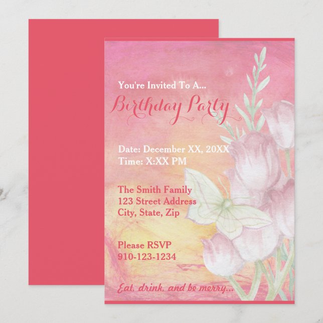 Create Your Own Tulip Butterfly Party Invitations (Front/Back)